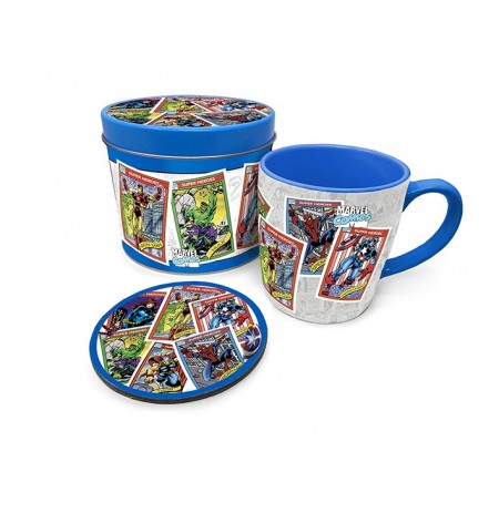 Marvel - Kolekcionierių kortelės, puodelis ir padėkliukai skardinėje dėžutėje