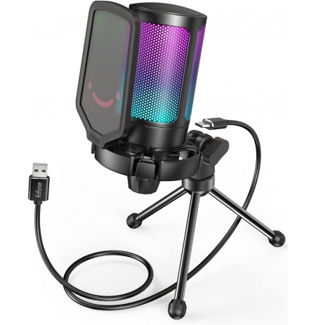 FIFINE A6V kardioidinis laidinis mikrofonas (juodas) su RGB | USB