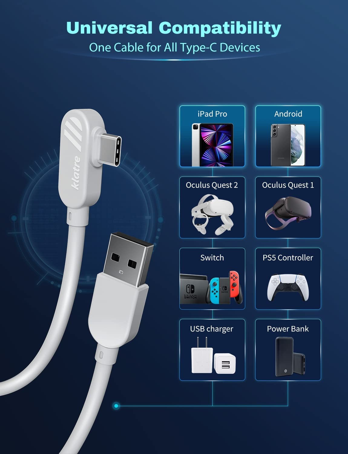 Klatre USB A to USB-C 5M ilgio laidas Oculus/Meta Quest 2/1 ir PC/Steam VR