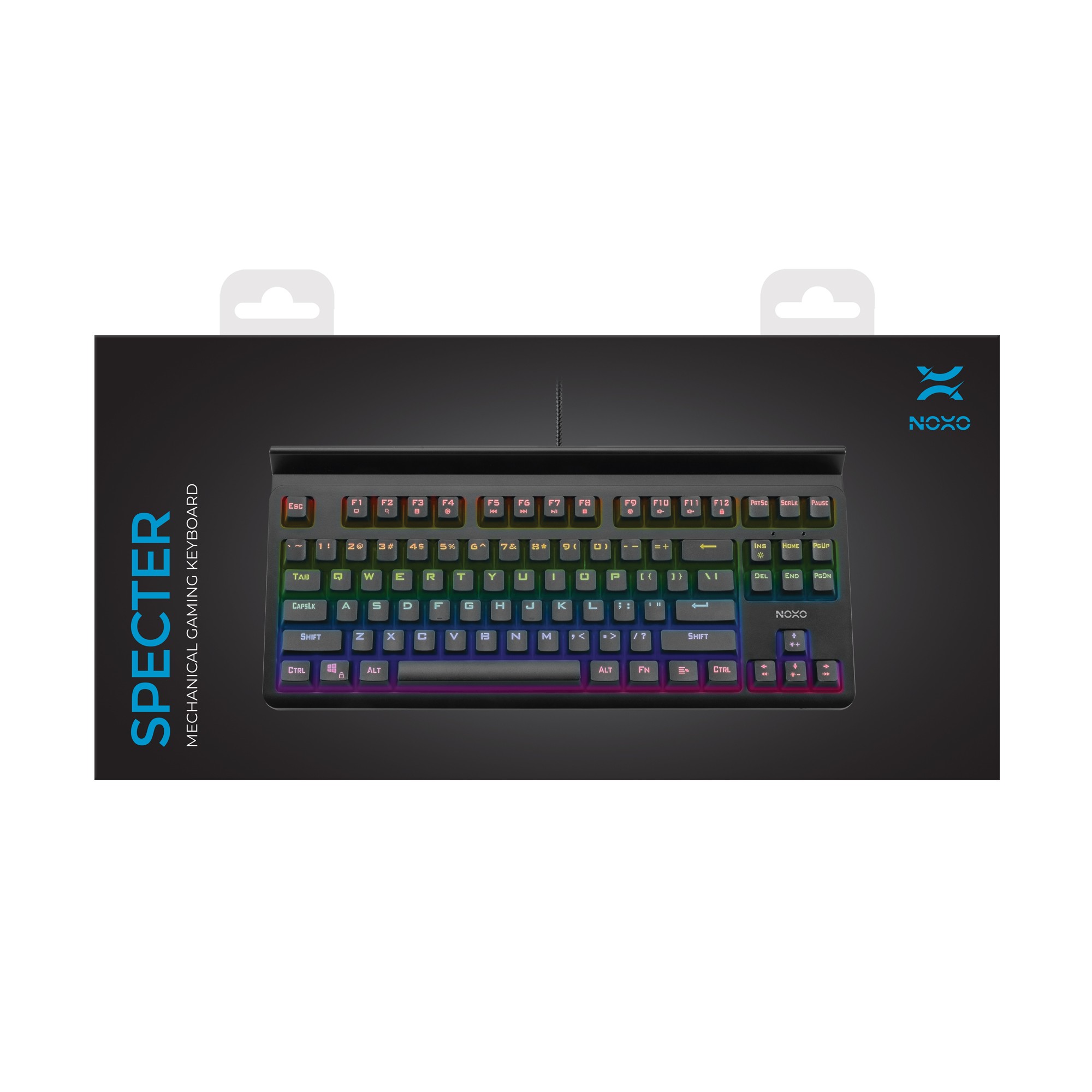 NOXO Specter TKL mechaninė laidinė RGB klaviatūra su telefono/planšetės laikykliu | US, Blue Switch