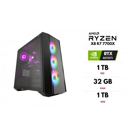 Stacionarus kompiuteris | AMD Ryzen X8 R7 7700X, 32GB 5200MHz, SSD 1TB, HDD 1TB, RTX 4070TI