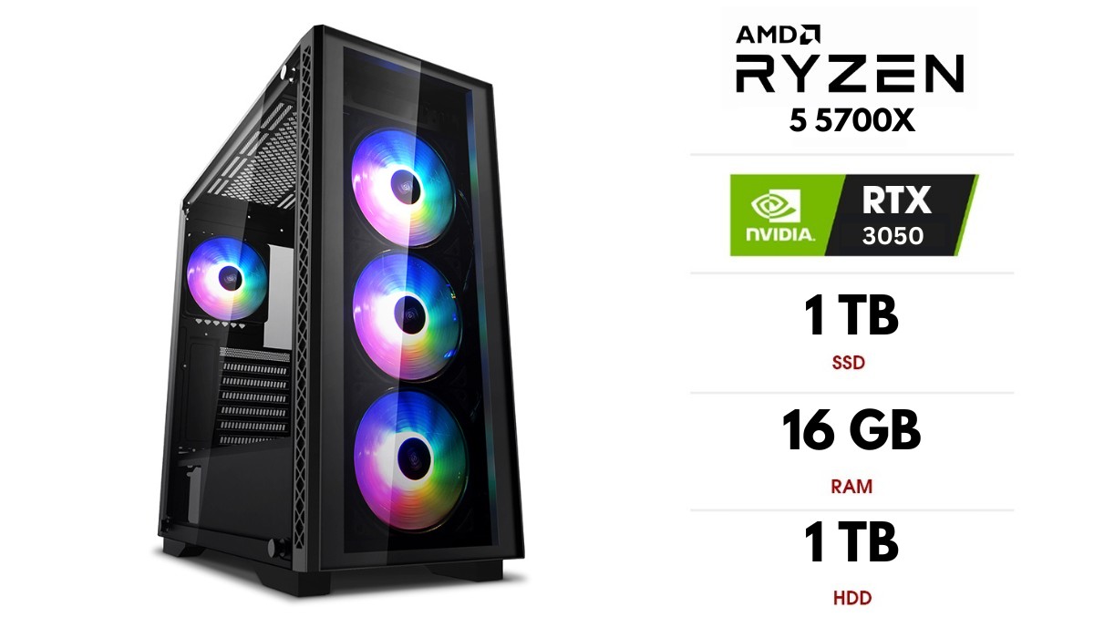 Stacionarus kompiuteris | AMD Ryzen 7 5700X, 16GB 3200MHz, SSD 1TB, HDD 1TB, RTX 3050